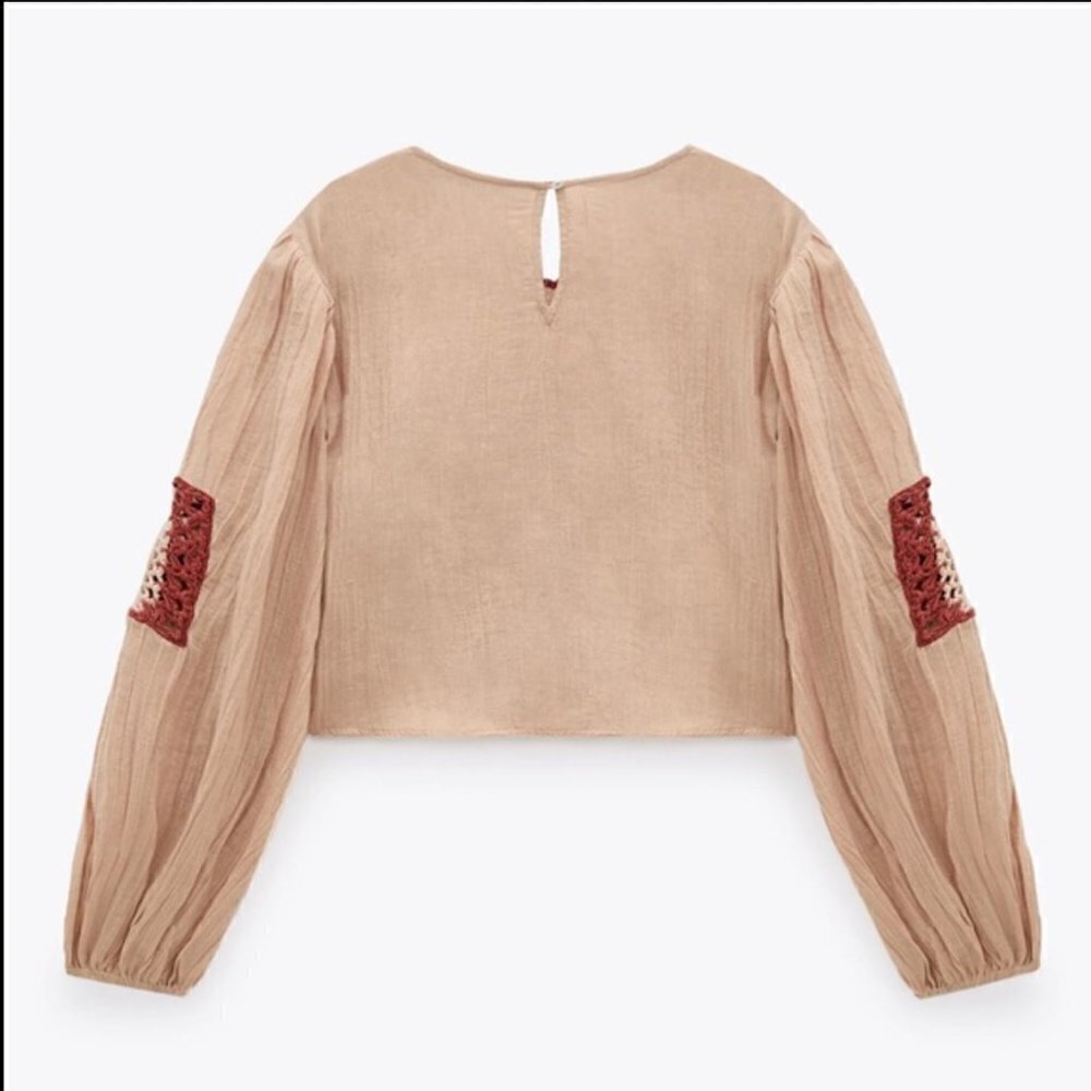 Zara Granny Square Crochet Medallion Front Full Sleeve Cropped Blouse Beige M - Picture 4 of 11